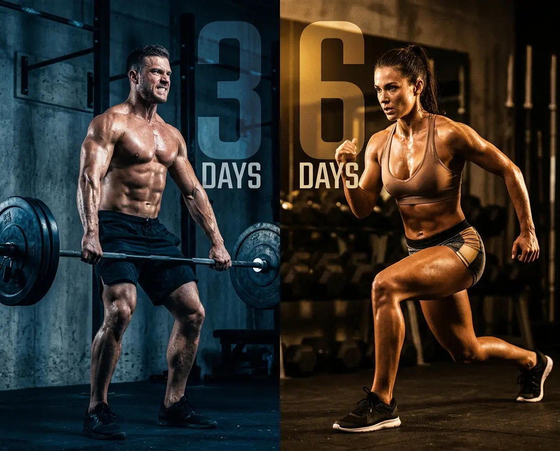 A split image — a lifter deadlifting under the label 3 DAYS on one side, a lifter lunging under 6 DAYS on the other