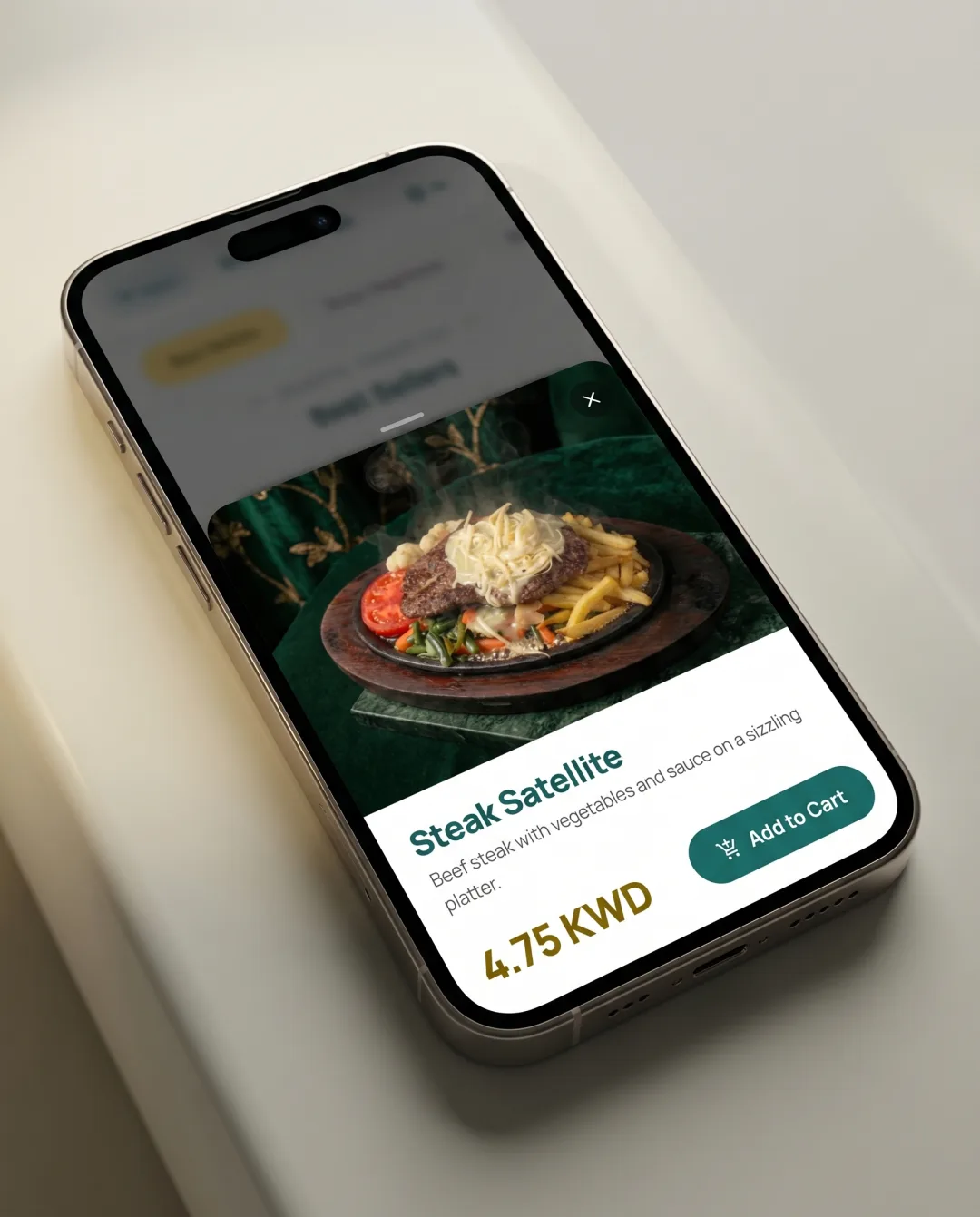 A dish detail page with an interactive 3D model, description and price