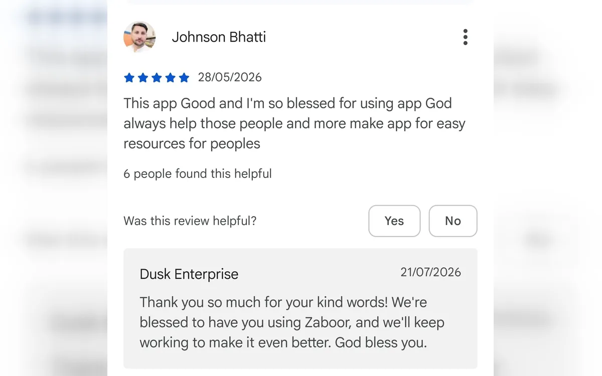 A five-star Google Play review of Zaboor with a reply from Dusk Enterprise underneath
