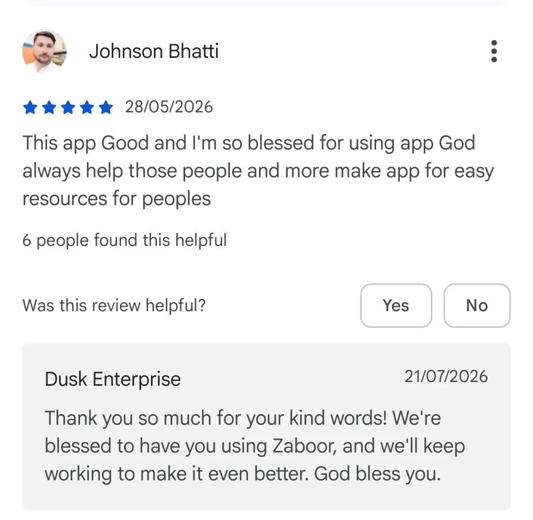 A five-star Google Play review of Zaboor with a reply from Dusk Enterprise underneath